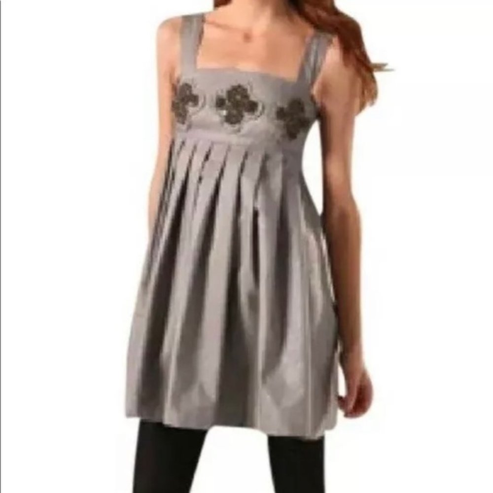 KARTA grey metallic beaded jeweled bodice pleated babydoll mini dress